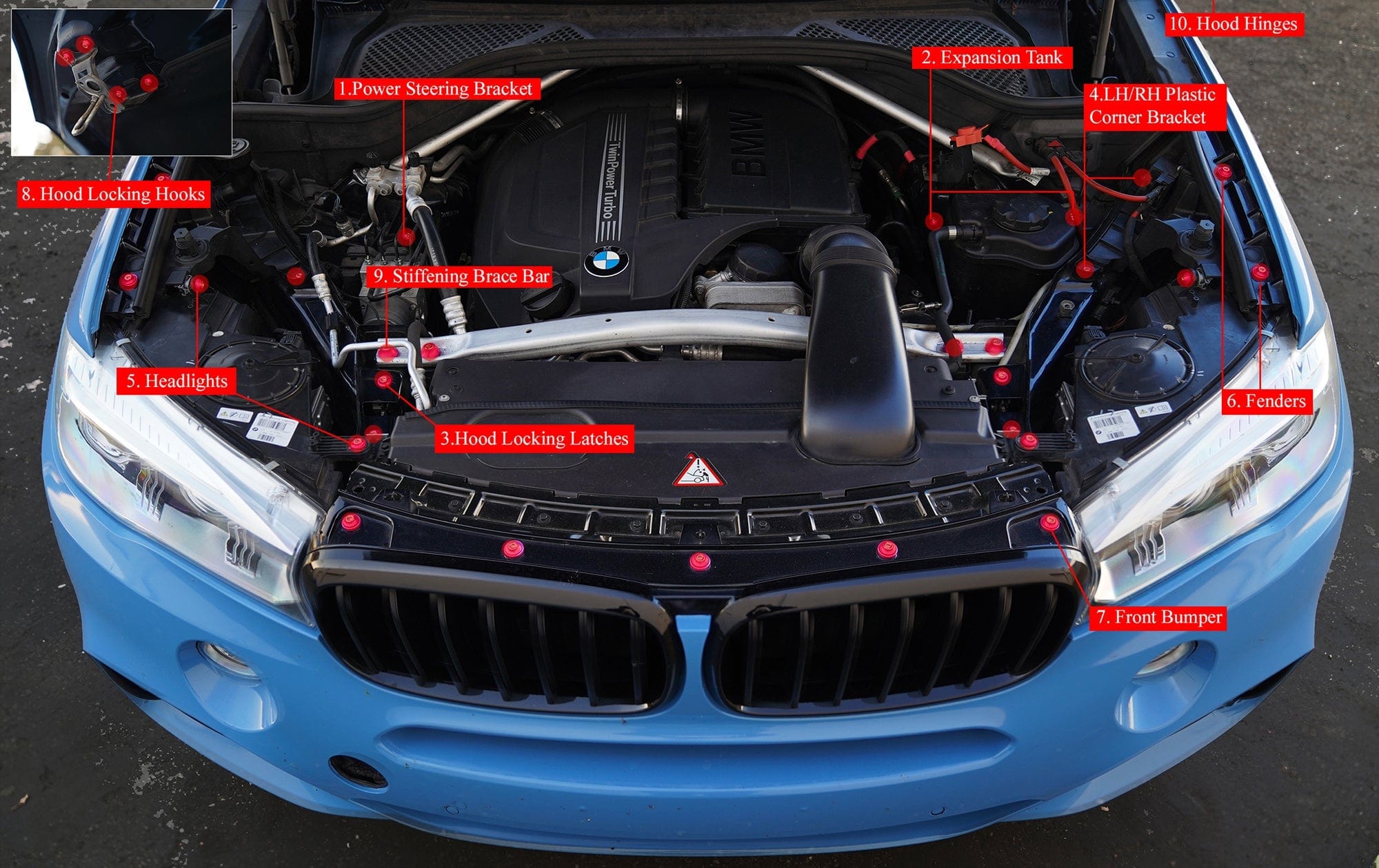 Downstar Inc. Engine Bay BMW 2014-2018 X5/X6 Dress Up Hardware Kit (F15/F16/F85/F86)