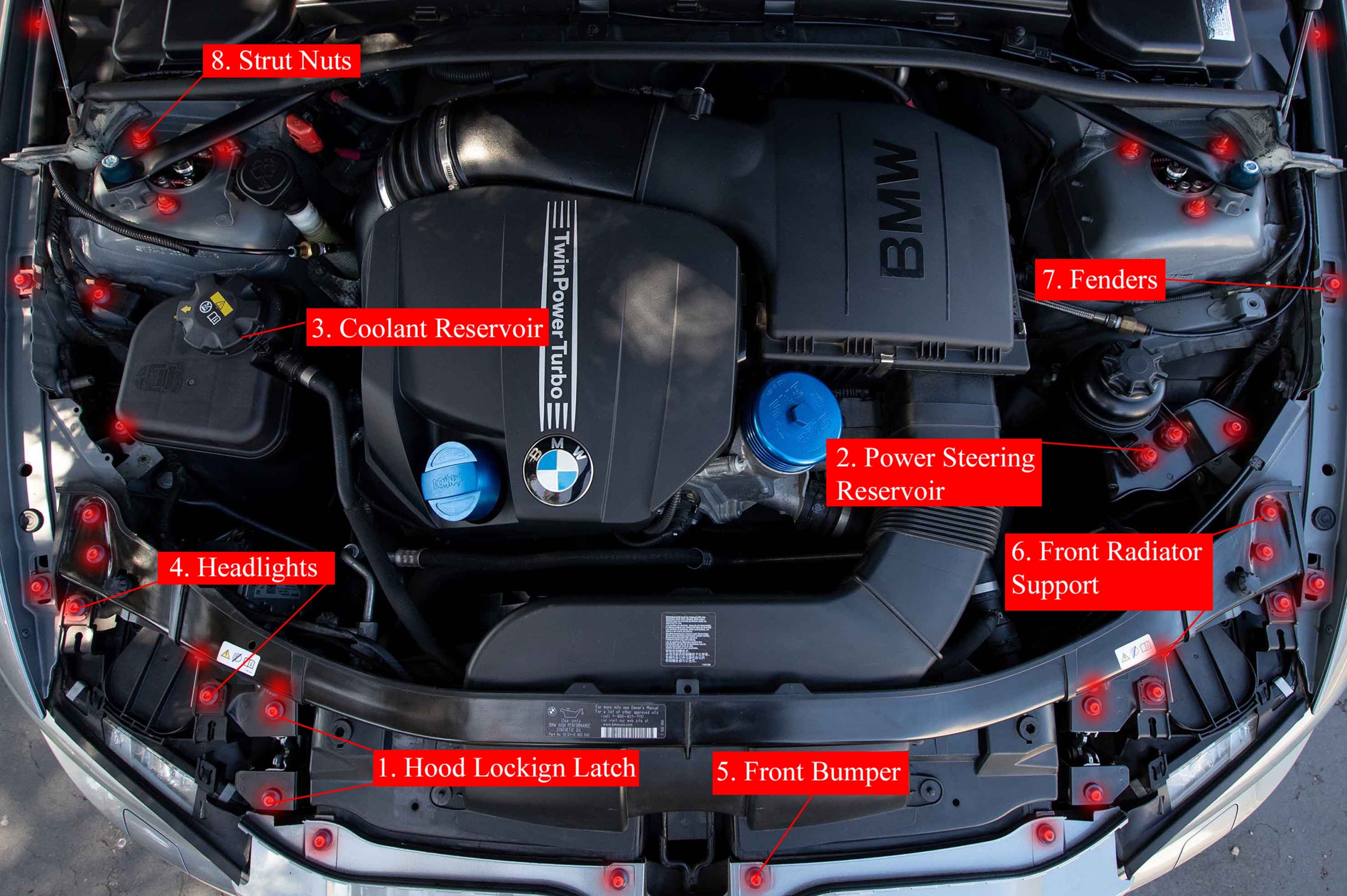 Downstar inc. Engine Bay Titanium BMW E9x 2007-2013 Dress Up Hardware Kit (3 Series/M3)