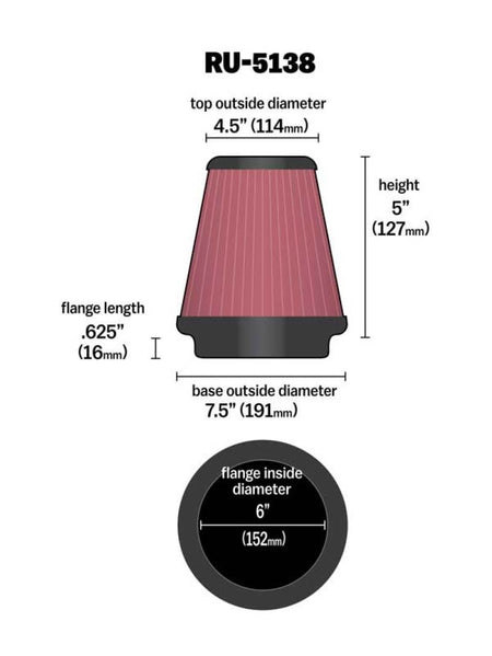 K&N Engineering Air Filters - Universal Fit K&N Universal Clamp-On Air Filter 6in FLG / 7-1/2in B / 4-1/2in T / 5in H